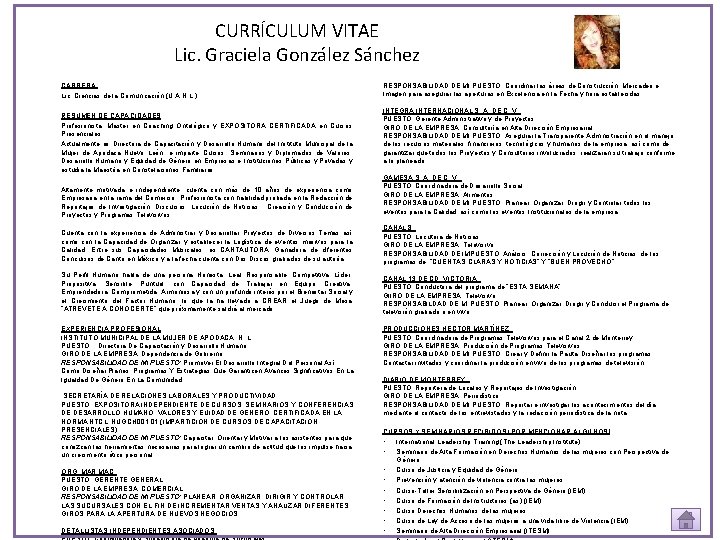 CURRÍCULUM VITAE Lic. Graciela González Sánchez CARRERA: Lic. Ciencias de la Comunicación (U. A.