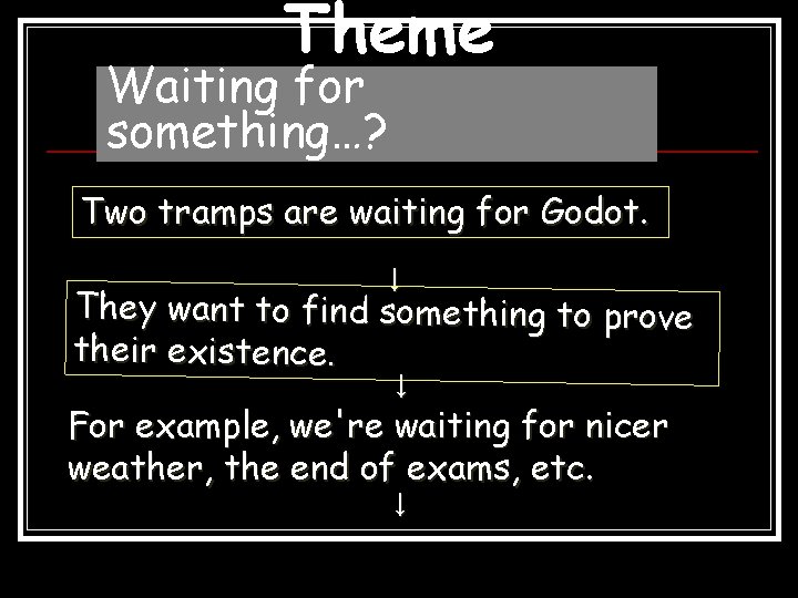 Theme Waiting for something…? Two tramps are waiting for Godot. ↓ They want to