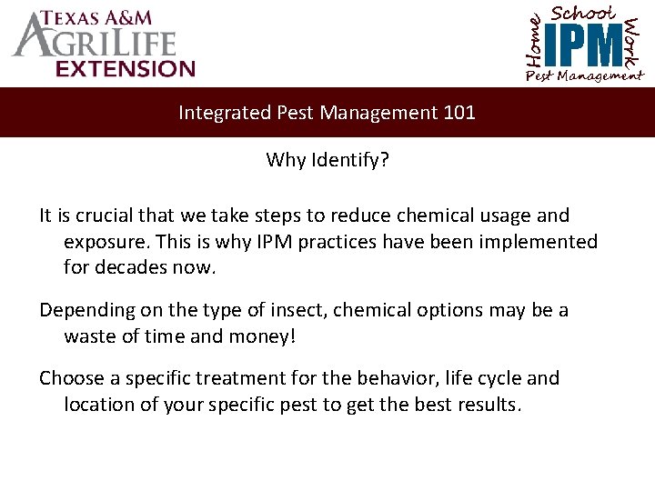 School Home Work IPM Pest Management Integrated Pest Management 101 Why Identify? It is