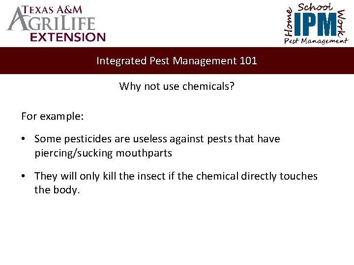 School Home Work IPM Pest Management Integrated Pest Management 101 Why not use chemicals?