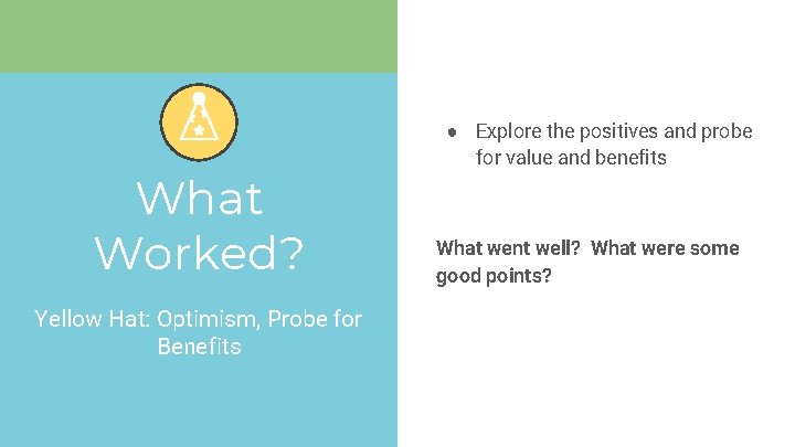 What Worked? Yellow Hat: Optimism, Probe for Benefits ● Explore the positives and probe