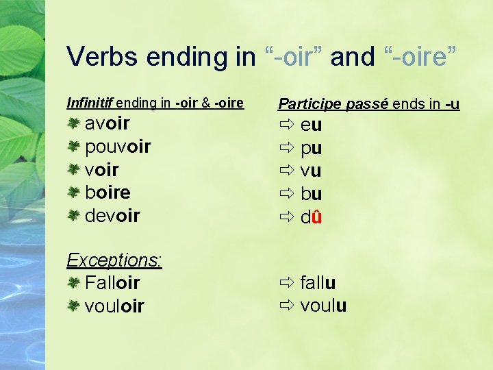 Verbs ending in “-oir” and “-oire” Infinitif ending in -oir & -oire avoir pouvoir