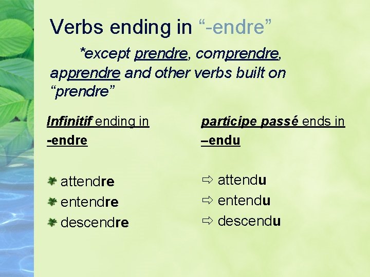 Verbs ending in “-endre” *except prendre, comprendre, apprendre and other verbs built on “prendre”