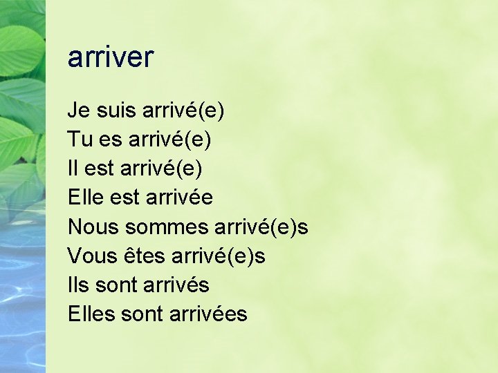 arriver Je suis arrivé(e) Tu es arrivé(e) Il est arrivé(e) Elle est arrivée Nous