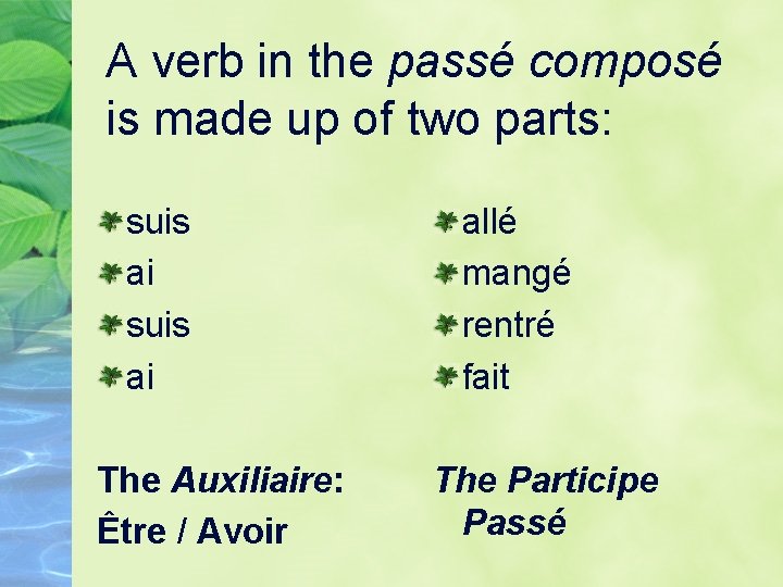 A verb in the passé composé is made up of two parts: suis ai
