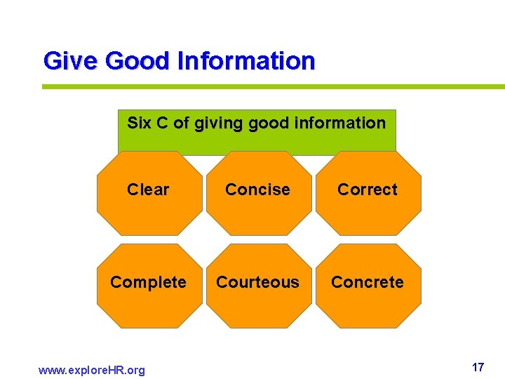 Give Good Information Six C of giving good information Clear Concise Correct Complete Courteous Give Good Information Six C of giving good information Clear Concise Correct Complete Courteous