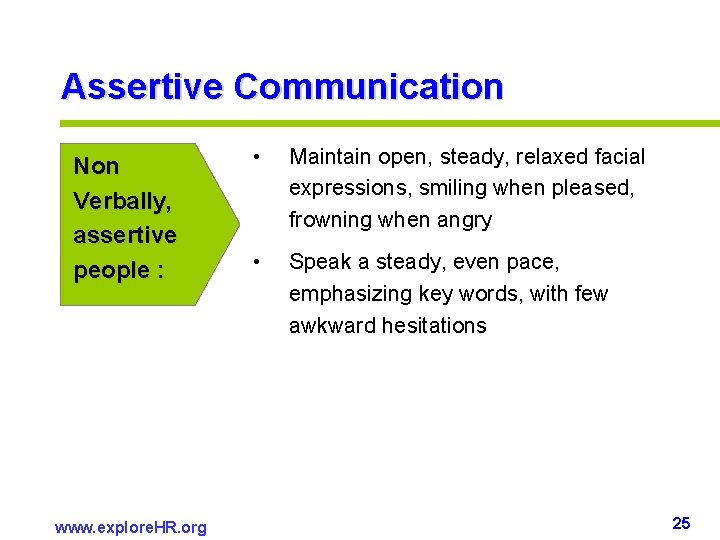 Assertive Communication Non Verbally, assertive people : www. explore. HR. org • Maintain open, Assertive Communication Non Verbally, assertive people : www. explore. HR. org • Maintain open,
