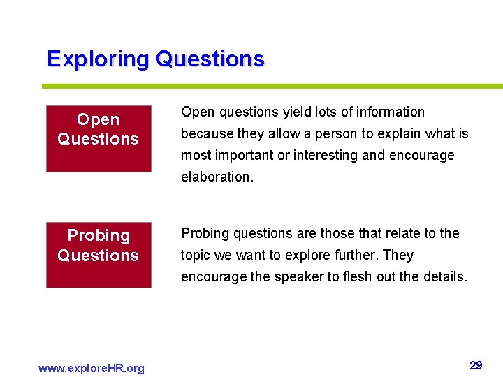 Exploring Questions Open questions yield lots of information because they allow a person to Exploring Questions Open questions yield lots of information because they allow a person to