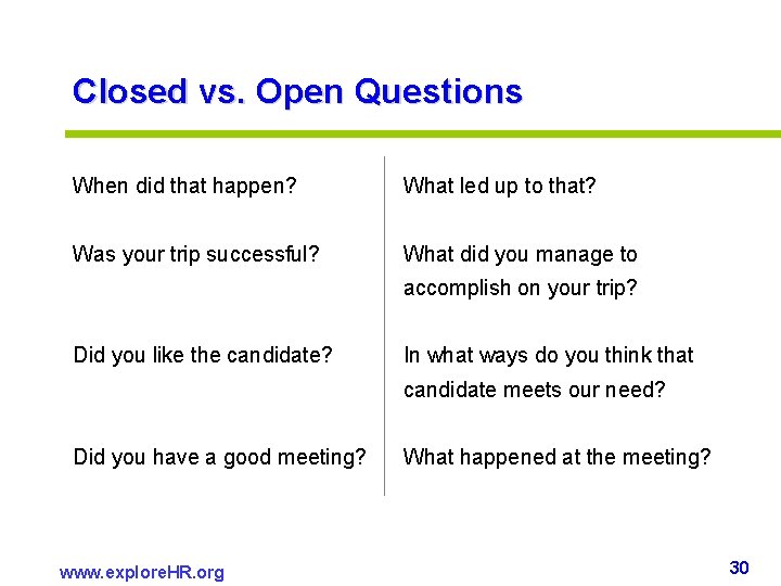Closed vs. Open Questions When did that happen? What led up to that? Was Closed vs. Open Questions When did that happen? What led up to that? Was