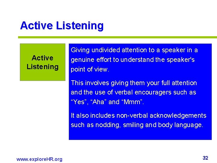 Active Listening Giving undivided attention to a speaker in a genuine effort to understand Active Listening Giving undivided attention to a speaker in a genuine effort to understand