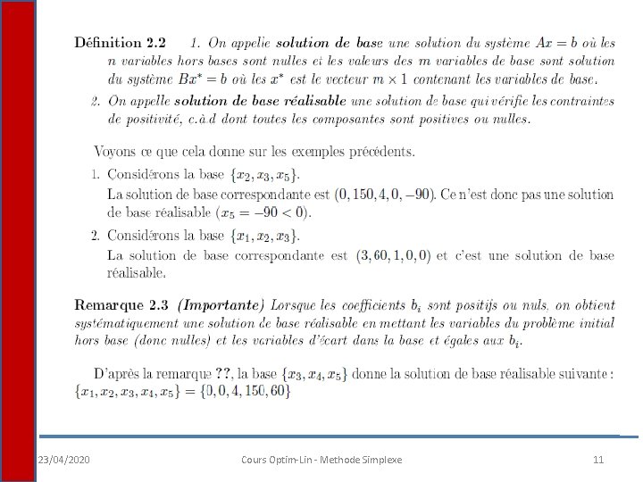 23/04/2020 Cours Optim-Lin - Methode Simplexe 11 
