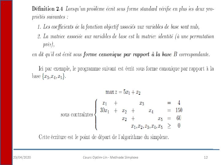 23/04/2020 Cours Optim-Lin - Methode Simplexe 12 