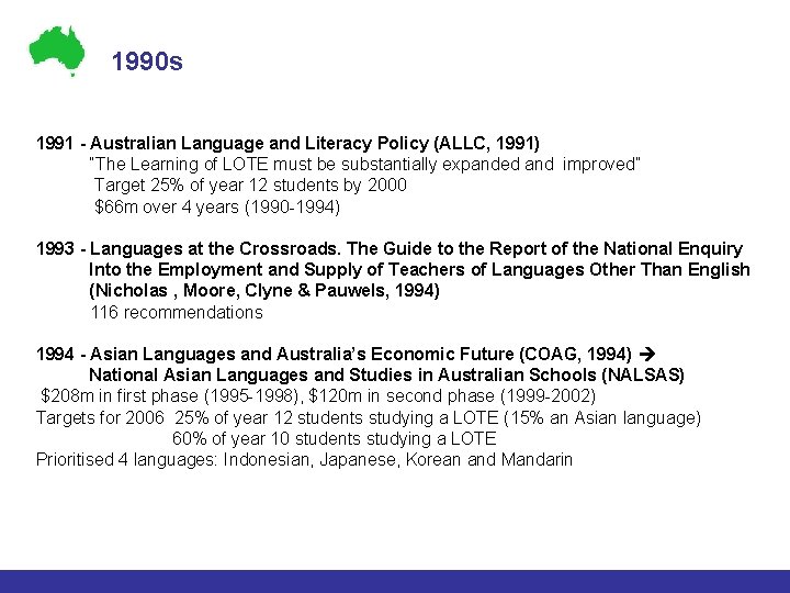 1990 s 1991 - Australian Language and Literacy Policy (ALLC, 1991) “The Learning of