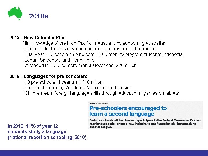 2010 s 2013 - New Colombo Plan “lift knowledge of the Indo-Pacific in Australia