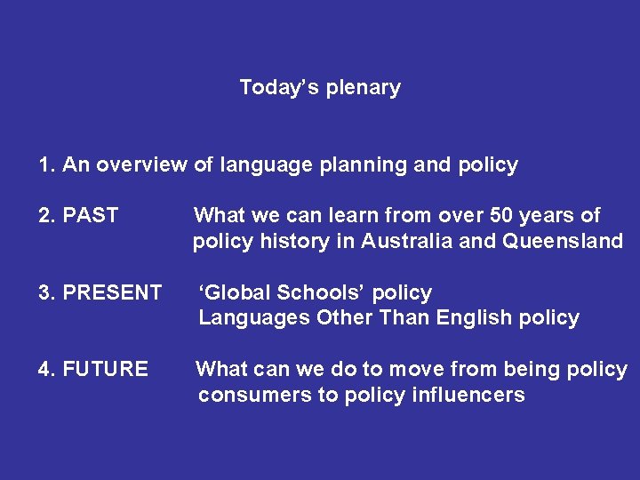 Today’s plenary 1. An overview of language planning and policy 2. PAST What we