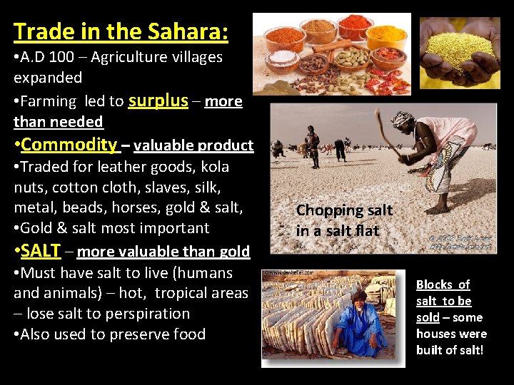 Trade in the Sahara: • A. D 100 – Agriculture villages expanded • Farming