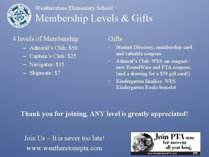 Weatherstone Elementary School Membership Levels & Gifts 4 levels of Membership – – Admiral’s
