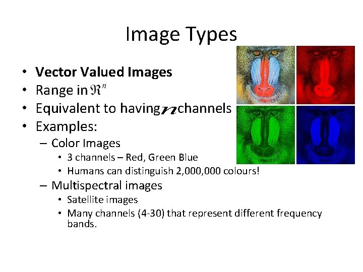 Image Types • • Vector Valued Images Range in Equivalent to having channels Examples: