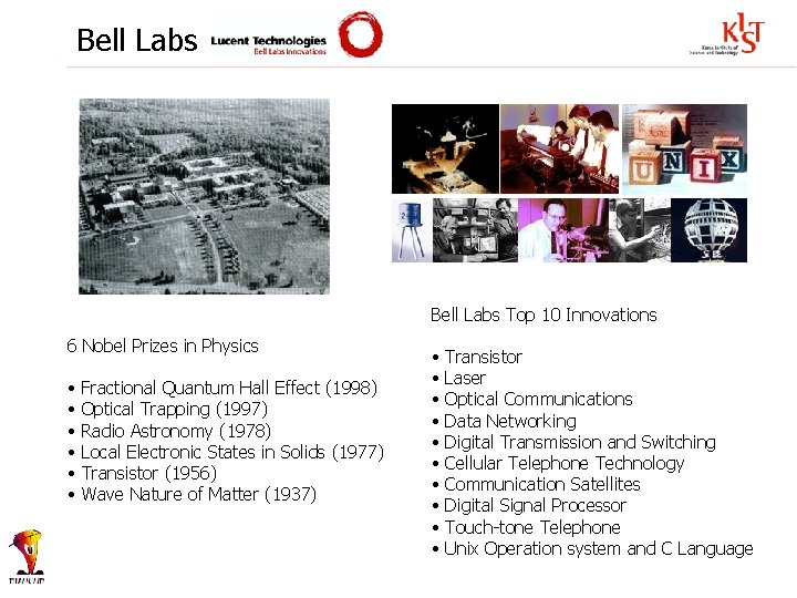 Bell Labs Top 10 Innovations 6 Nobel Prizes in Physics • • • Fractional