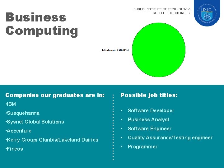 DUBLIN INSTITUTE OF TECHNOLOGY COLLEGE OF BUSINESS Business DT 354 Computing Companies our graduates