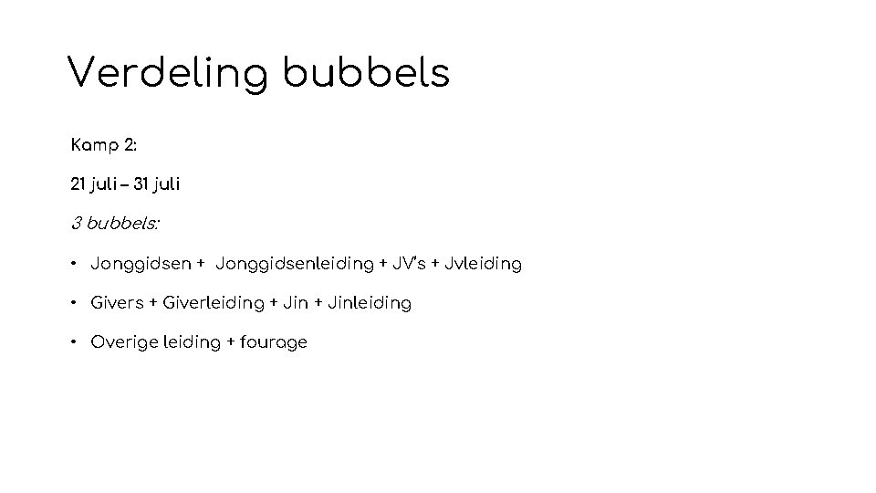 Verdeling bubbels Kamp 2: 21 juli – 31 juli 3 bubbels: • Jonggidsen +