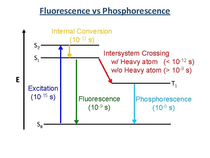 Fluorescence vs Phosphorescence S 2 Internal Conversion (10 -12 s) S 1 E Excitation