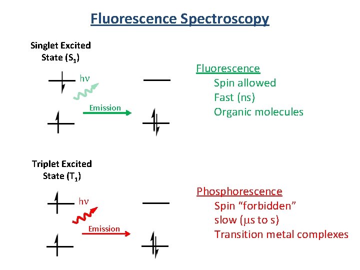 Fluorescence Spectroscopy Singlet Excited State (S 1) hn Emission Fluorescence Spin allowed Fast (ns)