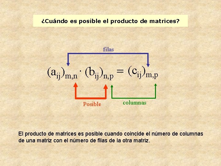 ¿Cuándo es posible el producto de matrices? filas (aij)m, n. (bij)n, p = (cij)m,