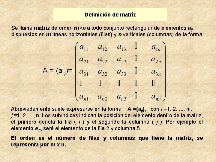 Definición de matríz Se llama matriz de orden m×n a todo conjunto rectangular de