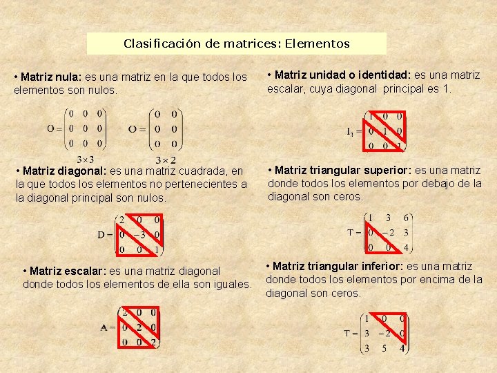 Clasificación de matrices: Elementos • Matriz nula: es una matriz en la que todos