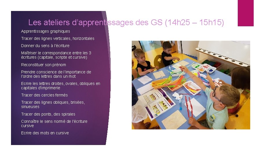 Les ateliers d’apprentissages des GS (14 h 25 – 15 h 15) Apprentissages graphiques