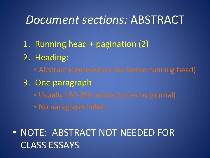 Document sections: ABSTRACT 1. Running head + pagination (2) 2. Heading: • Abstract (centered