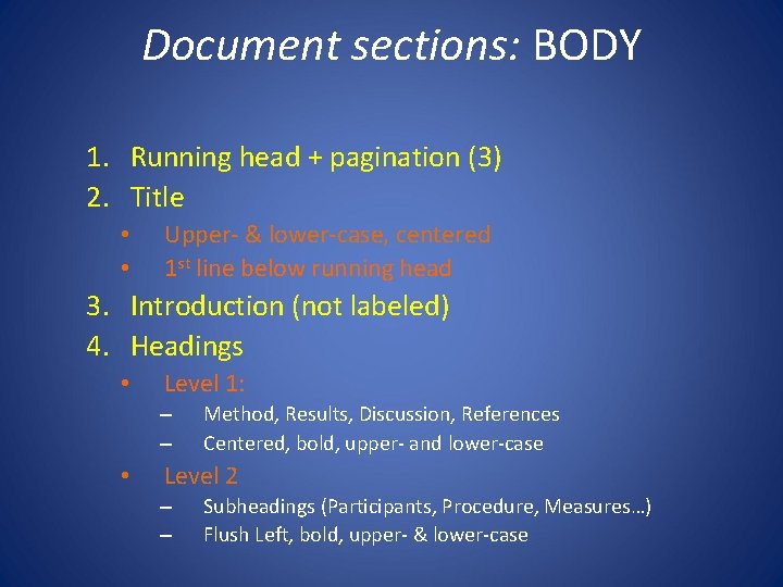 Document sections: BODY 1. Running head + pagination (3) 2. Title • • Upper-