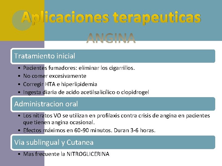 Aplicaciones terapeuticas Tratamiento inicial • • Pacientes fumadores: eliminar los cigarrillos. No comer excesivamente