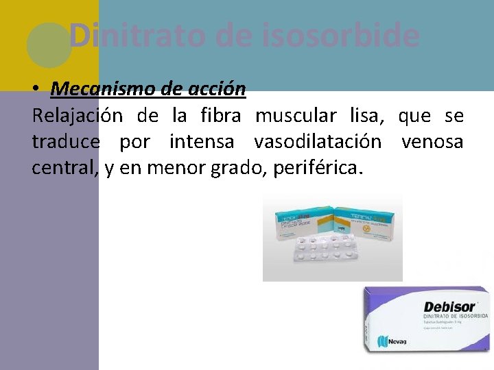 Dinitrato de isosorbide • Mecanismo de acción Relajación de la fibra muscular lisa, que