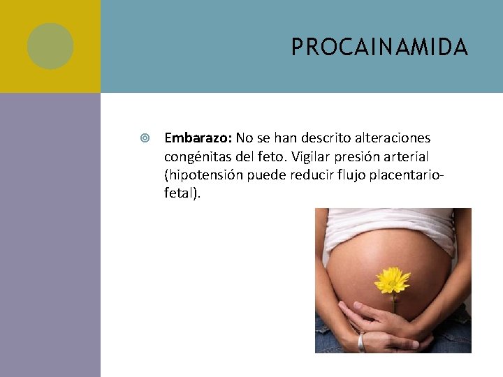 PROCAINAMIDA Embarazo: No se han descrito alteraciones congénitas del feto. Vigilar presión arterial (hipotensión PROCAINAMIDA Embarazo: No se han descrito alteraciones congénitas del feto. Vigilar presión arterial (hipotensión