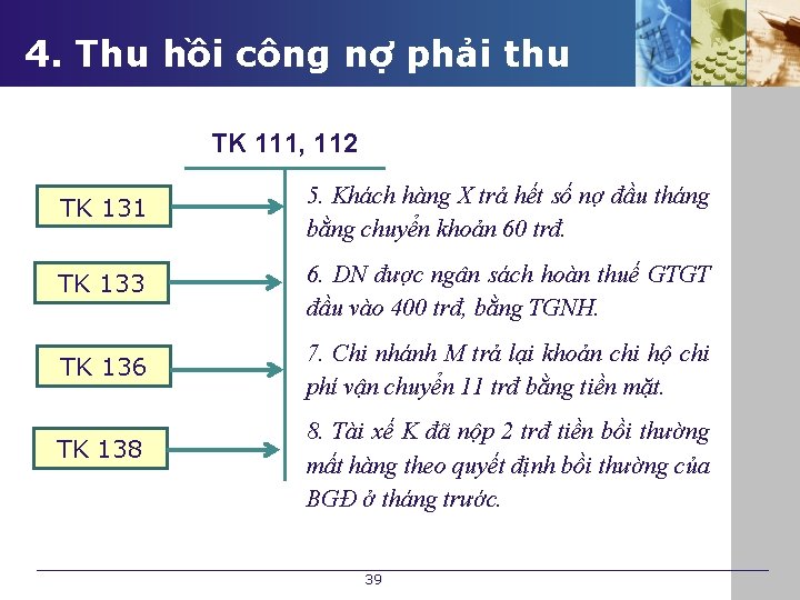 4. Thu hồi công nợ phải thu TK 111, 112 TK 131 5. Khách