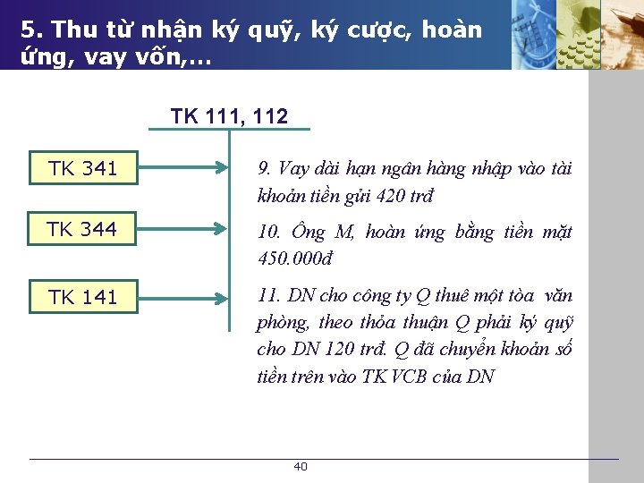 5. Thu từ nhận ký quỹ, ký cược, hoàn ứng, vay vốn, … TK