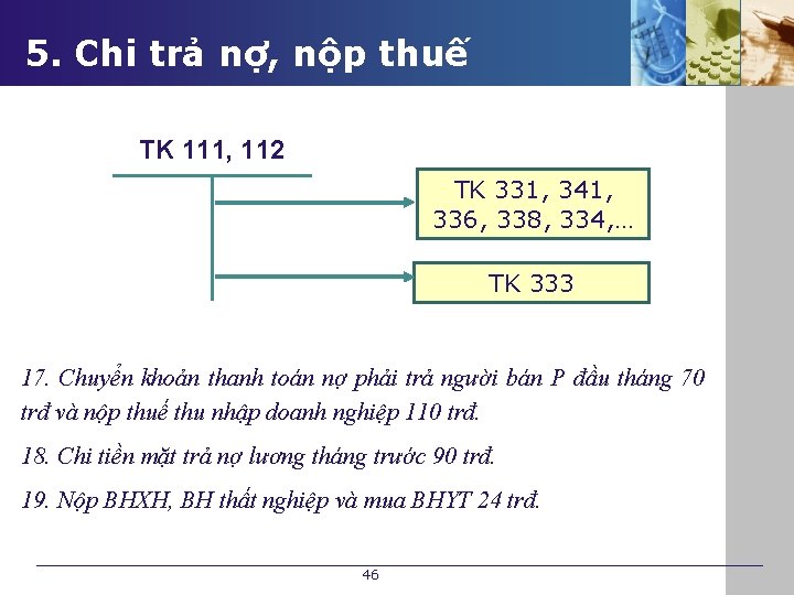 5. Chi trả nợ, nộp thuế TK 111, 112 TK 331, 341, 336, 338,