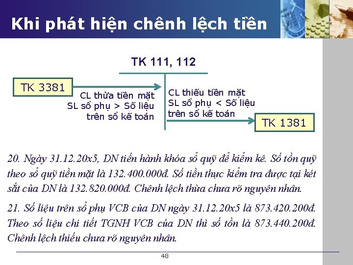 Khi phát hiện chênh lệch tiền TK 111, 112 TK 3381 CL thừa tiền