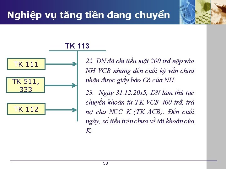 Nghiệp vụ tăng tiền đang chuyển TK 113 TK 111 TK 511, 333 TK