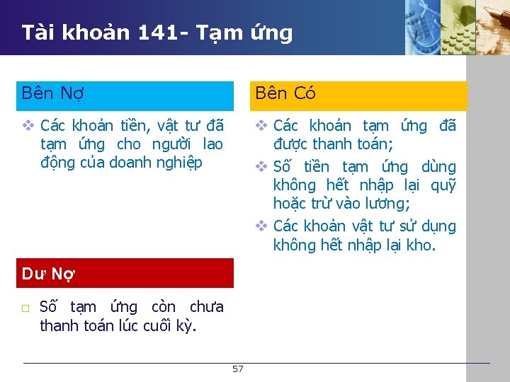 Tài khoản 141 - Tạm ứng Bên Nợ Bên Có v Các khoản tiền,