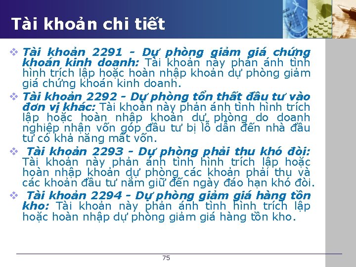 Tài khoản chi tiết v Tài khoản 2291 - Dự phòng giảm giá chứng