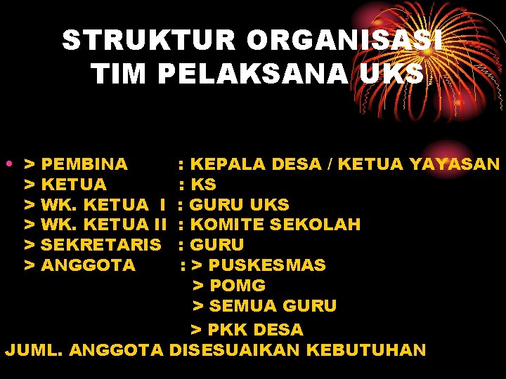 STRUKTUR ORGANISASI TIM PELAKSANA UKS • > > > PEMBINA KETUA WK. KETUA II