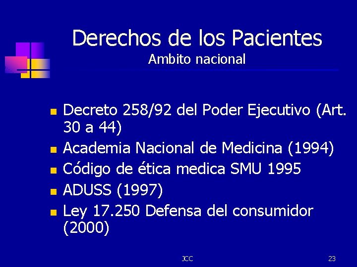 Derechos de los Pacientes Ambito nacional n n n Decreto 258/92 del Poder Ejecutivo