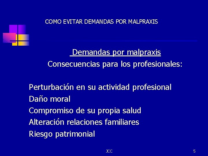 COMO EVITAR DEMANDAS POR MALPRAXIS Demandas por malpraxis Consecuencias para los profesionales: Perturbación en