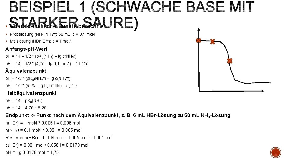 § Charakteristische Punkte berechnen § Probelösung (NH₃, NH₄⁺): 50 m. L, c = 0,