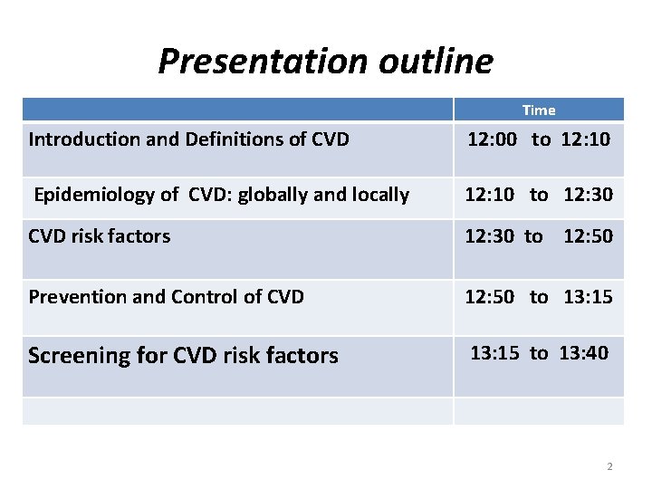 Presentation outline Time Introduction and Definitions of CVD 12: 00 to 12: 10 Epidemiology