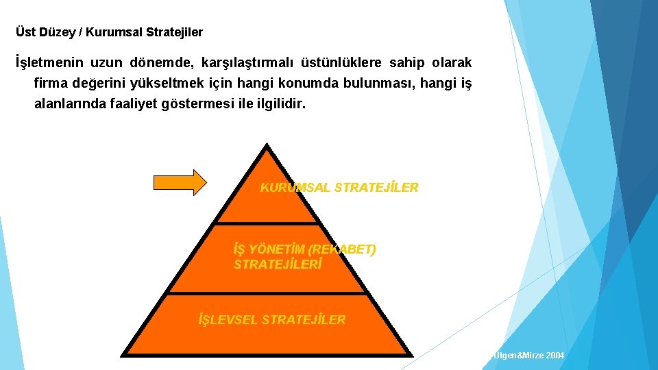 Üst Düzey / Kurumsal Stratejiler İşletmenin uzun dönemde, karşılaştırmalı üstünlüklere sahip olarak firma değerini