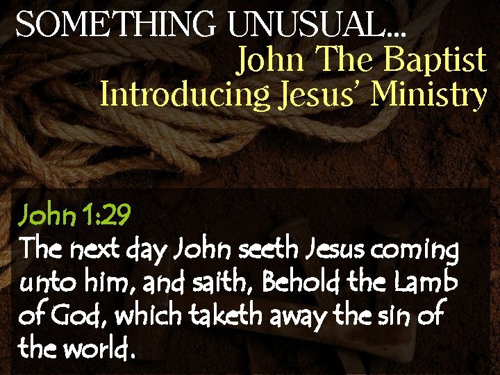 SOMETHING UNUSUAL… John The Baptist Introducing Jesus’ Ministry John 1: 29 The next day